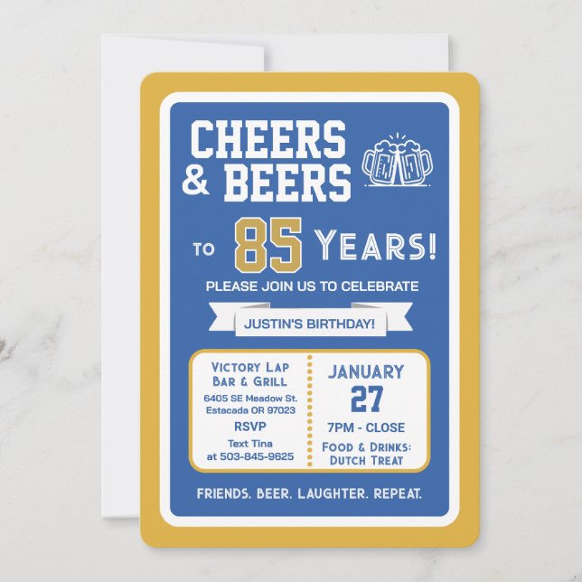 Sports Bar Birthday Cheers and Beers to 85 Years  Invitation (Front)