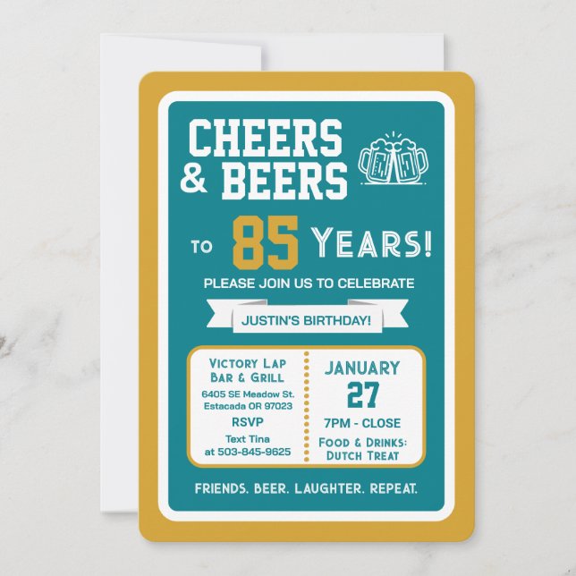 Sports Bar Birthday Cheers and Beers to 85 Years  Invitation (Front)