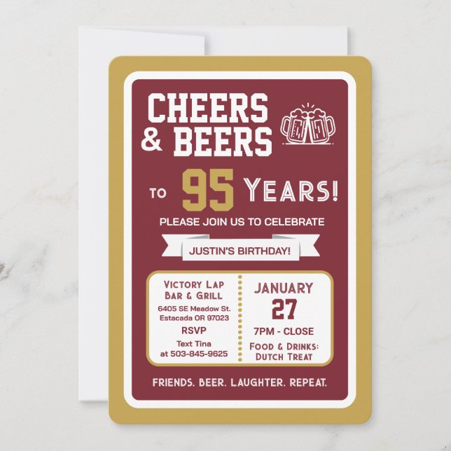 Sports Bar Birthday Cheers and Beers to 95 Years  Invitation (Front)