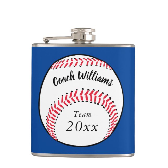 Sports Baseball Coach Name Team Year Blue Hip Flask (Front)