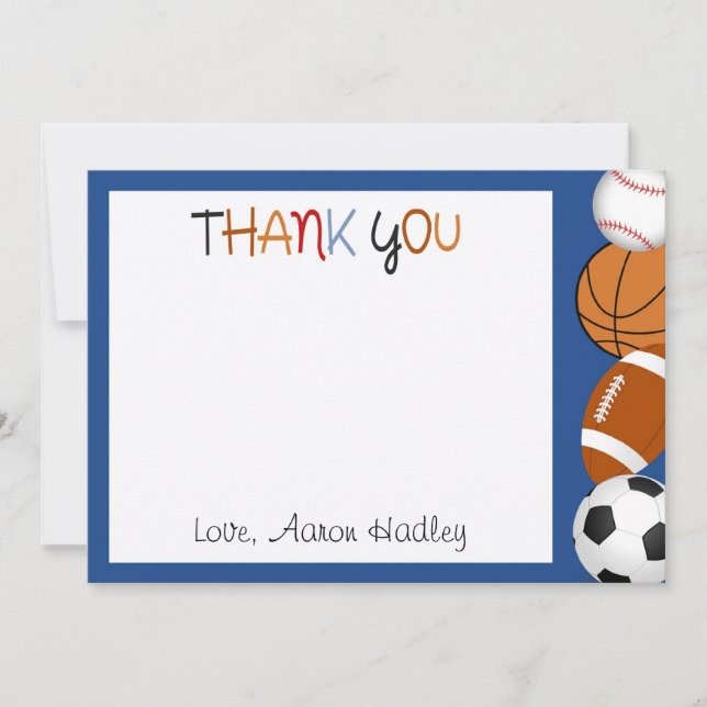 Sports Baseball Football Birthday Thank You Card (Front)