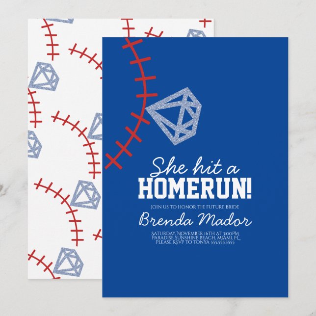 Sports Baseball Homerun Glitter Bridal Shower Blue Invitation (Front/Back)