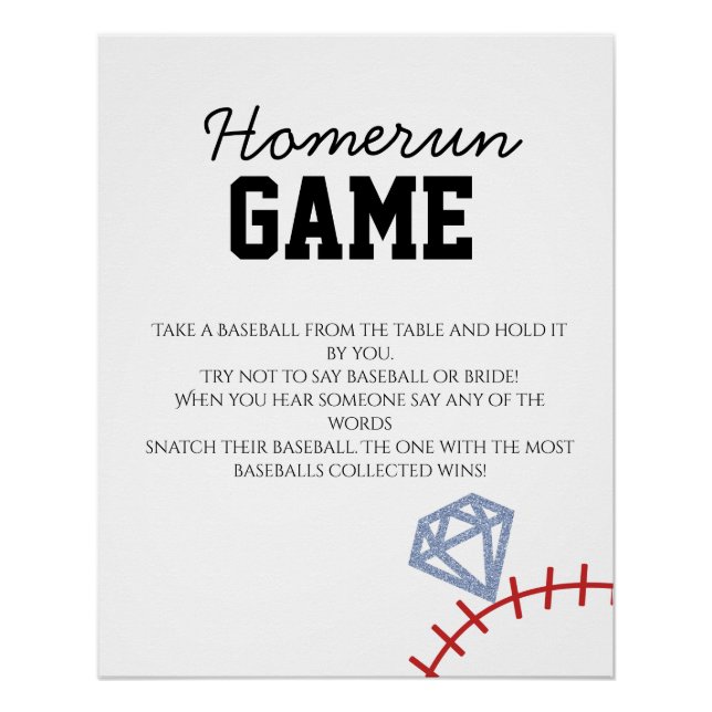 Sports Baseball Homerun Glitter Bridal Shower Game Poster (Front)