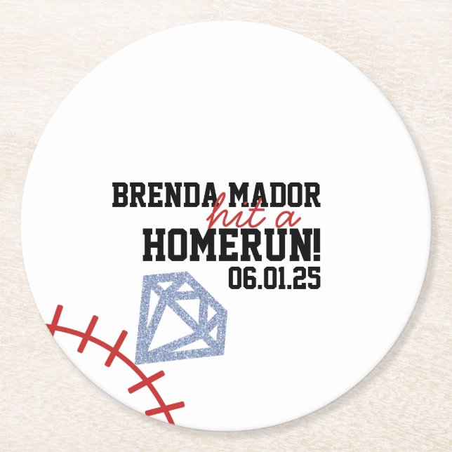 Sports Baseball Homerun Glitter Bridal Shower  Round Paper Coaster (Front)