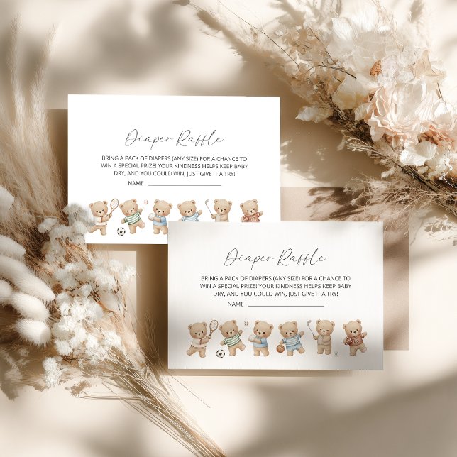 sports bear baby shower, bearly wait diaper raffle enclosure card (sports bear diaper raffle card)