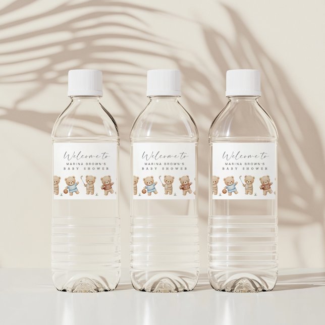 Sports bear baby shower, we can bearly wait water bottle label (sport bears water bottle wrapper)