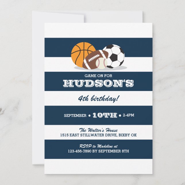 Sports Birthday Invitation - Baseball, Football (Front)
