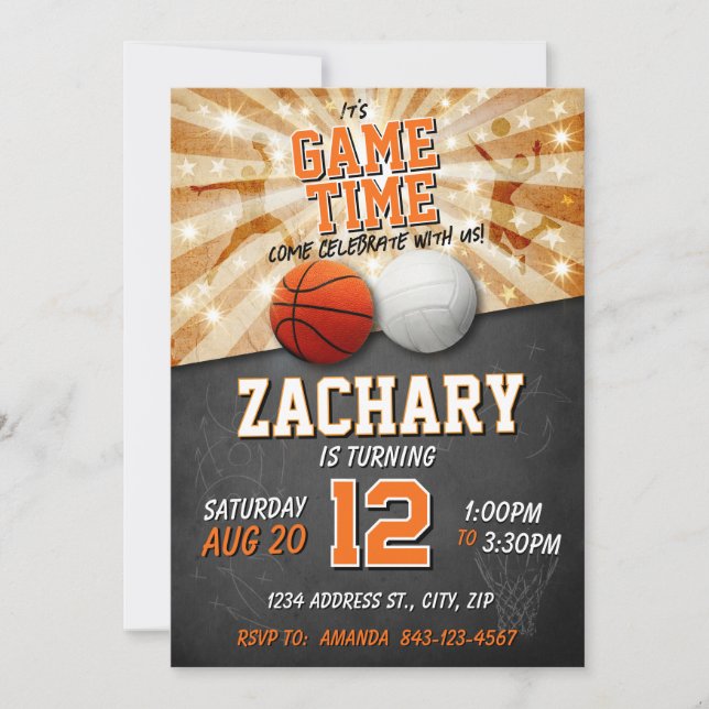 Sports Birthday Invitation Basketball & Volleyball (Front)