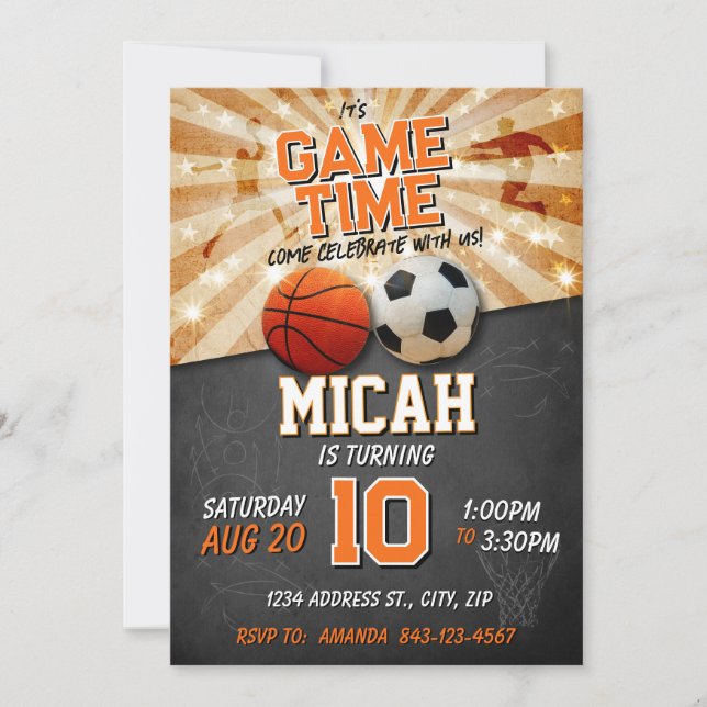 Sports birthday invitation soccer basketball (Front)