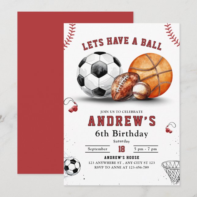 Sports Birthday Invite, Basketball Football Soccer Invitation (Front/Back)