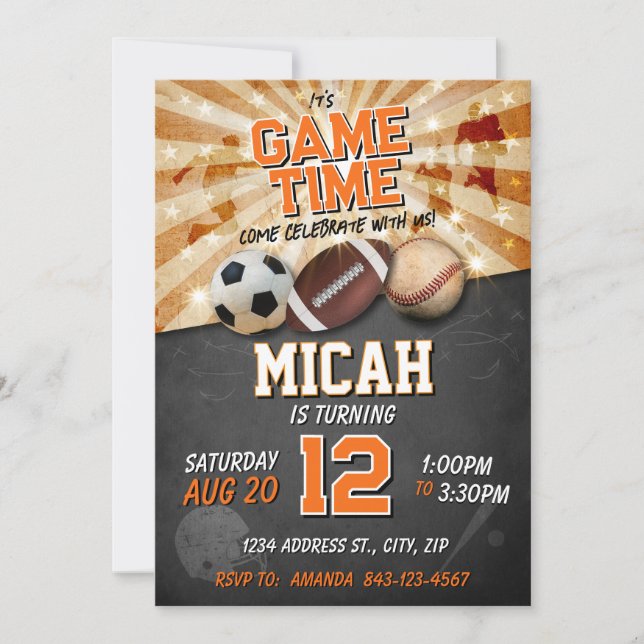 Sports birthday invite Soccer Baseball Football (Front)