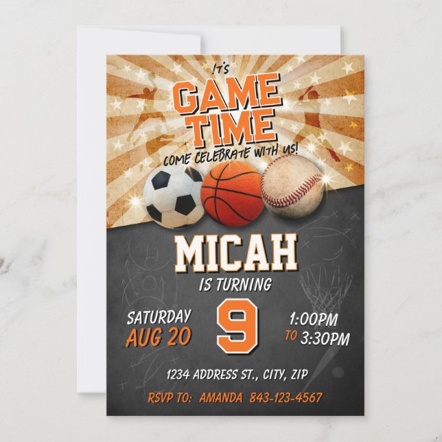 Sports birthday invite soccer basketball baseball (Front)
