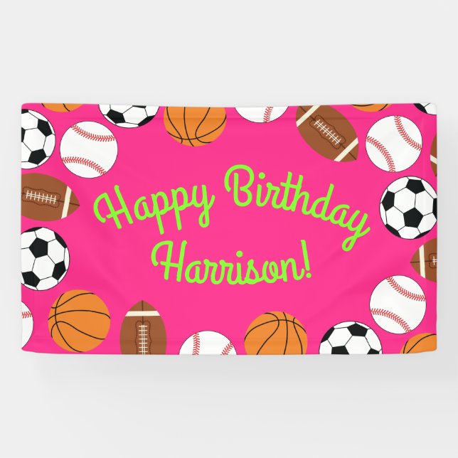 Sports Birthday Party Kids Cute Pink Girls Banner (Horizontal)