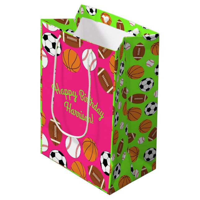 Sports Birthday Party Kids Cute Pink Girls Medium Gift Bag (Front Angled)