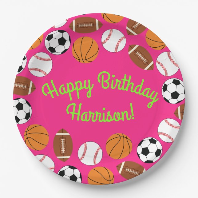 Sports Birthday Party Kids Cute Pink Girls Paper Plate (Front)