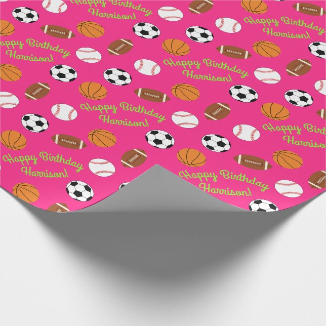 Sports Birthday Party Kids Cute Pink Girls Wrapping Paper (Corner)