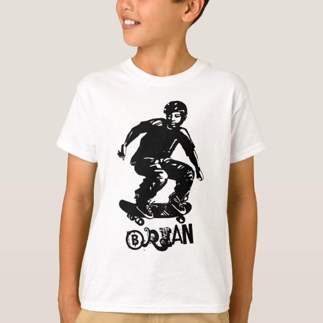Sports Black on White Skateboarder Custom Name T-Shirt (Front)