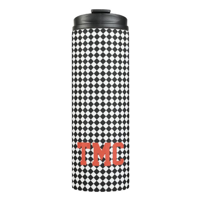 Sports Black White Check Monogram Initials School  Thermal Tumbler (Front)