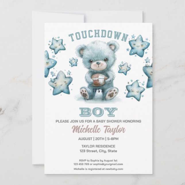 Sports Boy Football It's a Boy Baby Shower Bear Invitation (Front)