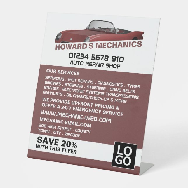 Sports Car, Auto Mechanic & Repairs Advertising Pedestal Sign (Front)