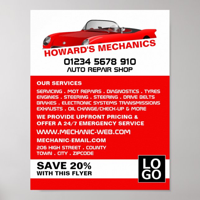 Sports Car, Auto Mechanic & Repairs Advertising Poster (Front)
