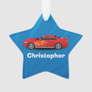 Sports Car Flames Kids Boys Bright Blue with Red Ornament