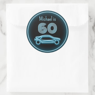 Sports Car in Neon Look Blue - Own name and age Classic Round Sticker