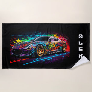 Sports car on graffiti background with first name beach towel