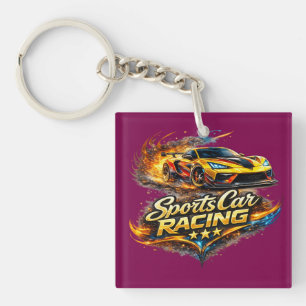 Sports Car Racing Fire Graphic Square Keychain