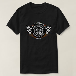 Sports Car Racing Flames Wheel Chequered Flag Pro T-Shirt