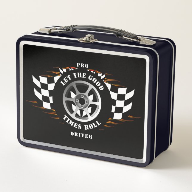 Sports Car Racing Wheel Chequered Flag Flames Pro  Metal Lunch Box (Front)