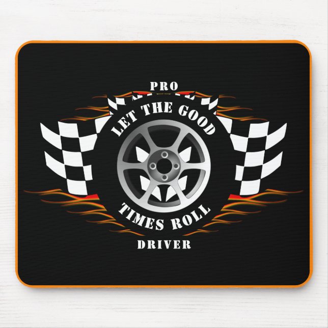 Sports Car Racing Wheel Chequered Flag Flames Pro  Mouse Mat (Front)