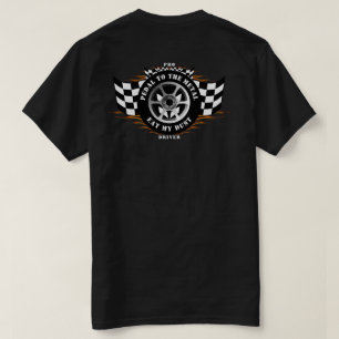 Sports Car Racing Wheel Chequered Flag Flames Pro  T-Shirt