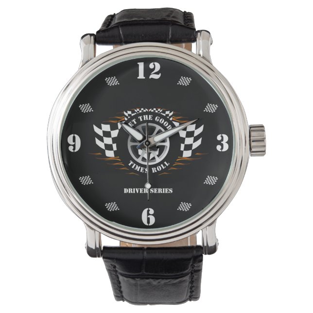 Sports Car Racing Wheel Chequered Flag Flames Pro  Watch (Front)