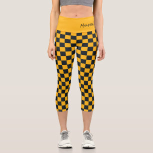 Sports Check Black Gold Team School Colours Fans Capri Leggings