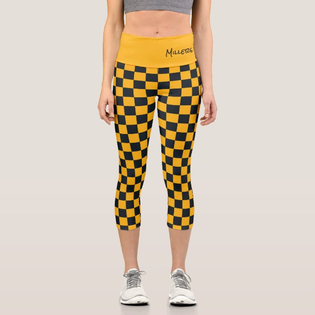 Sports Check Black Gold Team School Colours Fans Capri Leggings (Front)