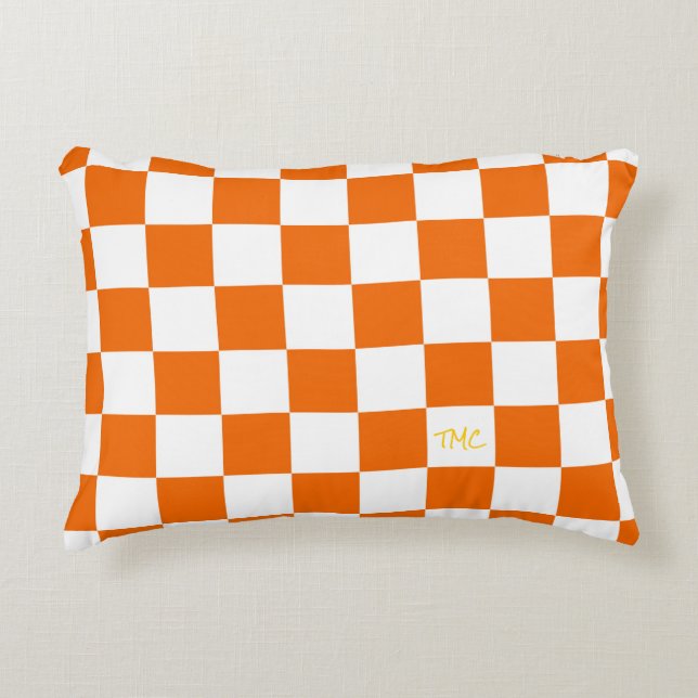 Sports Chequerboard INITIALS Orange White Team Decorative Cushion (Front)