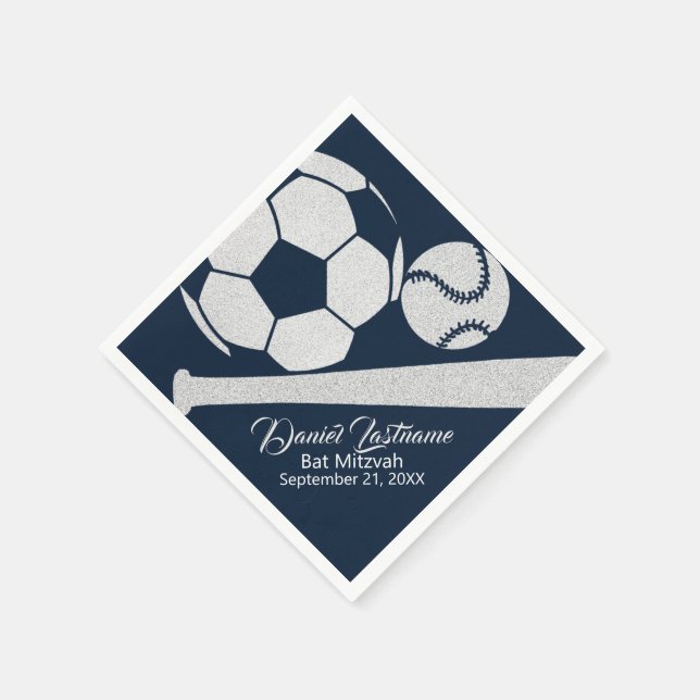 Sports Combo Baseball Soccer Mitzvah Silver Napkin (Corner)