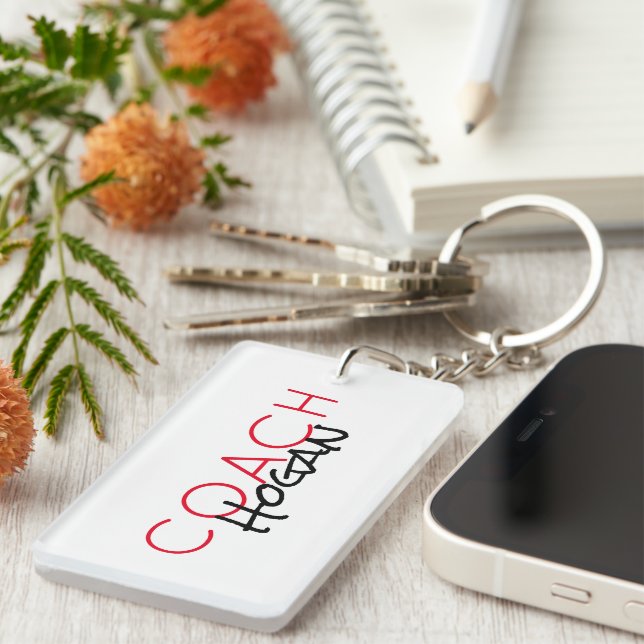 Sports custom COACH NAME red black Team colours Key Ring (Front Right)