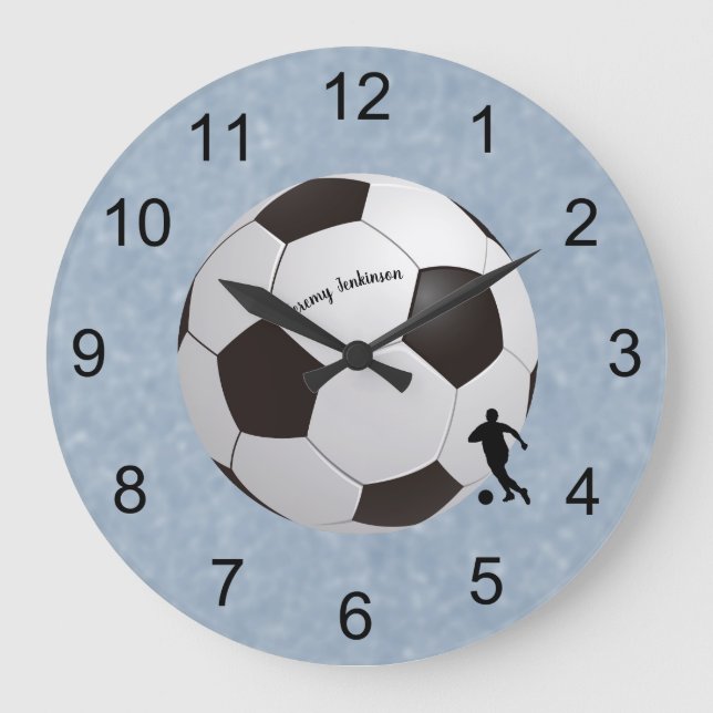 Sports Emphasis Soccer ball and player Name Large Clock (Front)