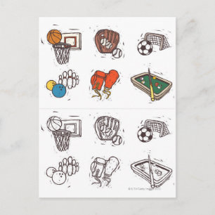 Sports equipment displayed against white postcard