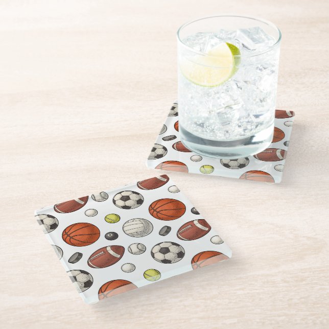 Sports Equipment Pattern Glass Coaster (Angled)