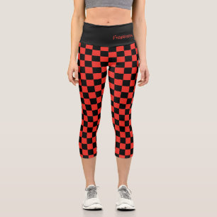 Sports Fan Check Red Black Team NAME Fun Capri Leggings