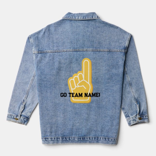 Sports Fan Finger Go Team Name! Team Spirit Fun Denim Jacket (Back)