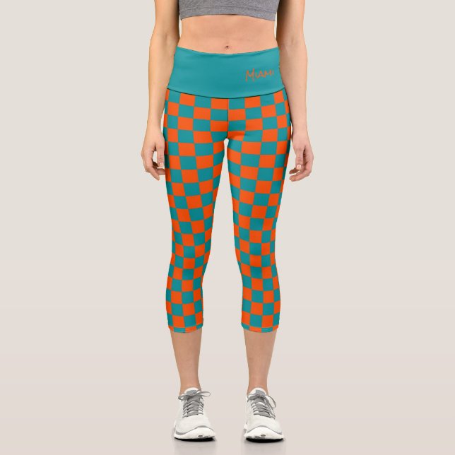 Sports Fan Team Colours NAME Check Orange Blue  Capri Leggings (Front)