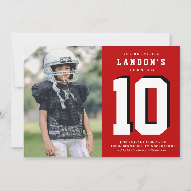 Sports fanatic kids photo birthday party invitation (Front)