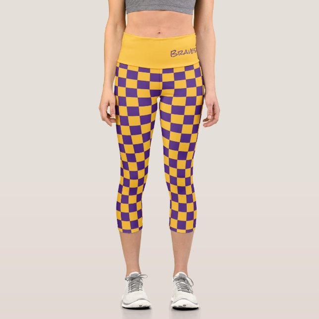 Sports Fans Team Colours Name Gold Purple Check Fu Capri Leggings (Front)