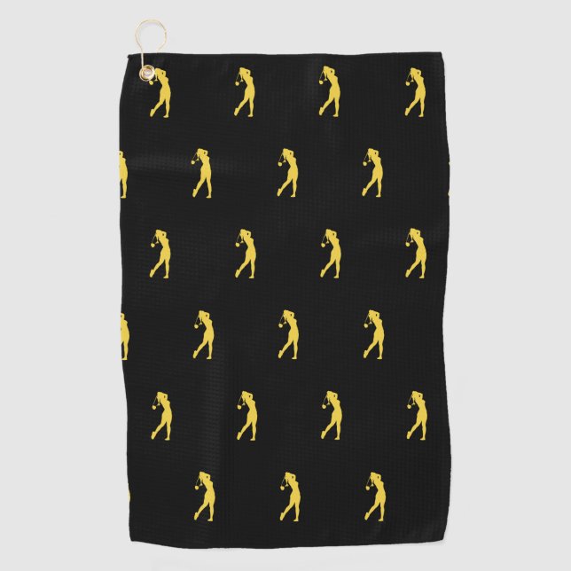 Sports Female Gold Golfer Silhouette Golf Towel (Front)