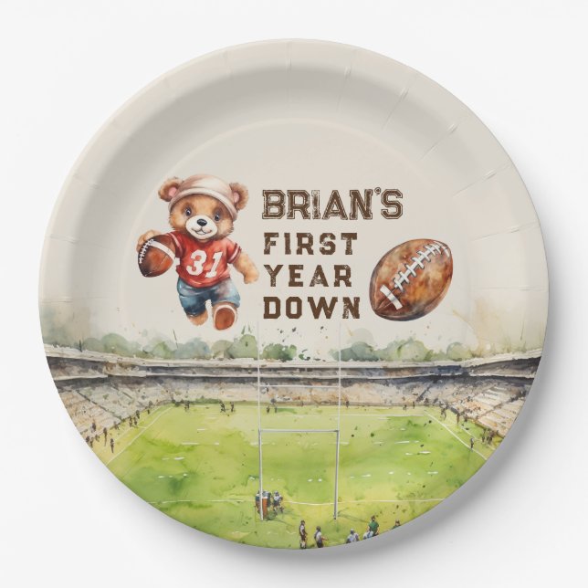sports football first year down boy 1st birthday paper plate (Front)