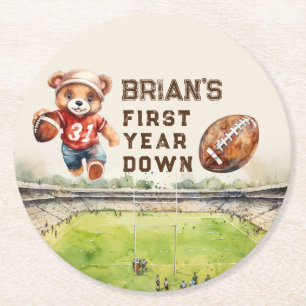 sports football first year down boy 1st birthday round paper coaster